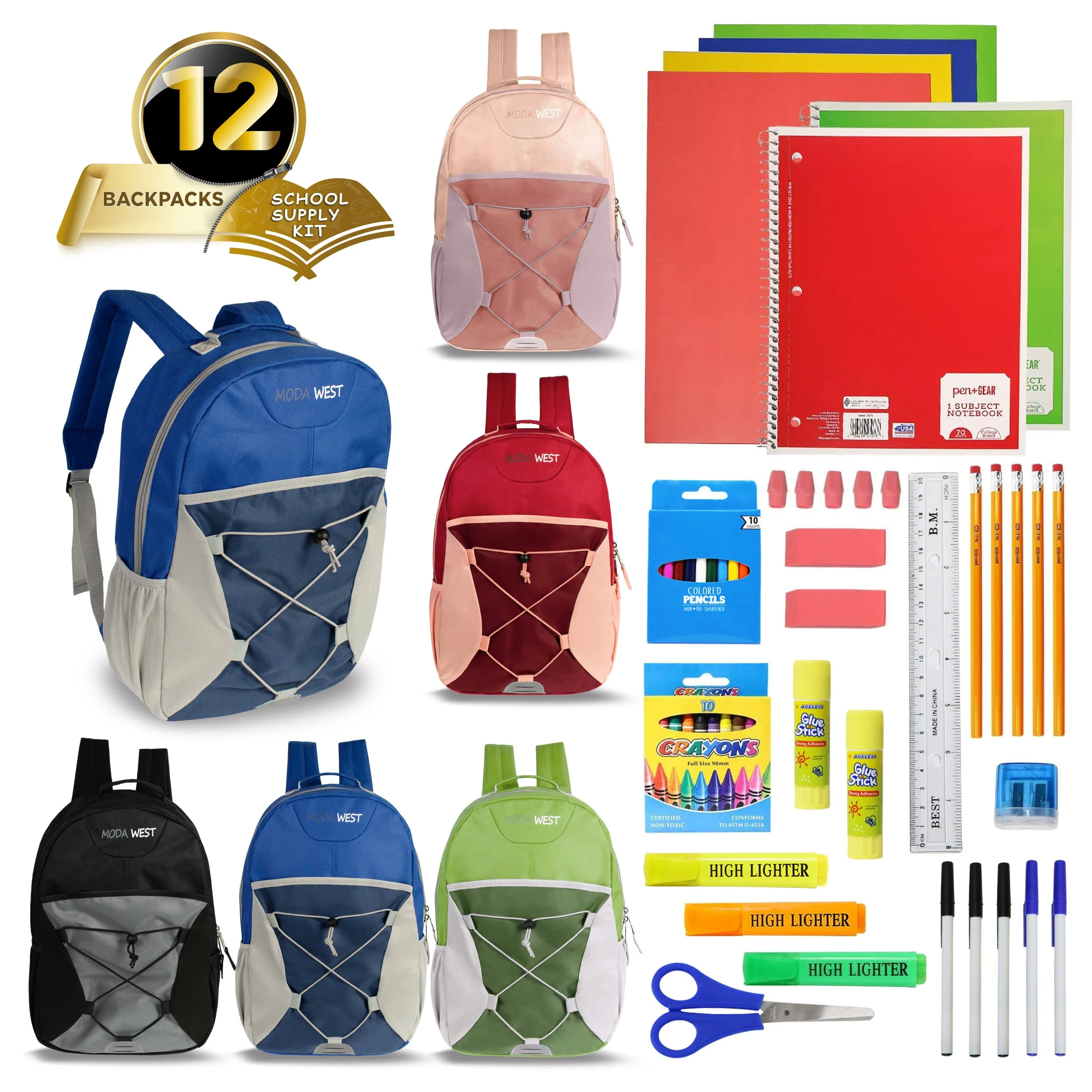 12 Wholesale 17" Bungee Backpacks in Assorted Colors & 12 Bulk School Supply Kits of Your Choice