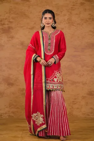 Cerise Pink Embroidered Raw Silk Sharara Set