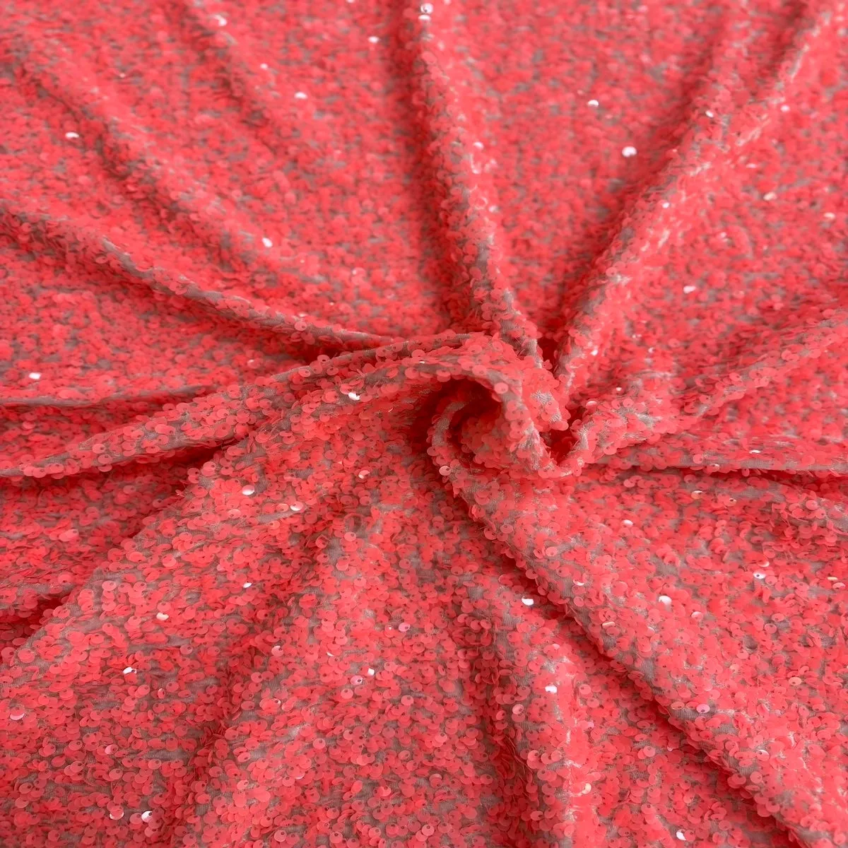 Coral Pink Sequins Embroidered Stretch Velvet Rodeo Fabric