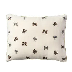 Embroidered bow pillow cover, cream cotton velvet