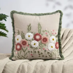 Embroidered Decorative Cushion Cover, Pastel Meadow