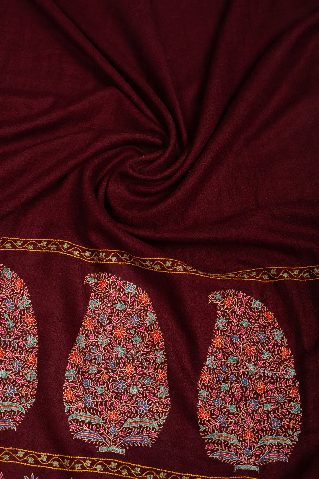 Gul-e-Lala Maroon Paldar Paisley Sozni Embroidered Pashmina Shawl