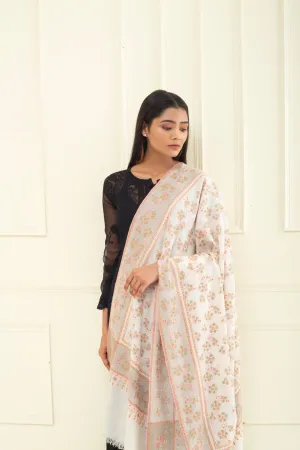 Moonvine Ivory Dourdar Butidar Jaali Sozni Embroidered Shawl