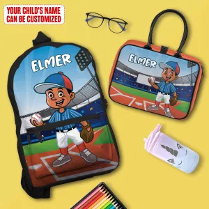 Personalized Little Afro Baseball Player Kid Backpack And Lunch Bag Set