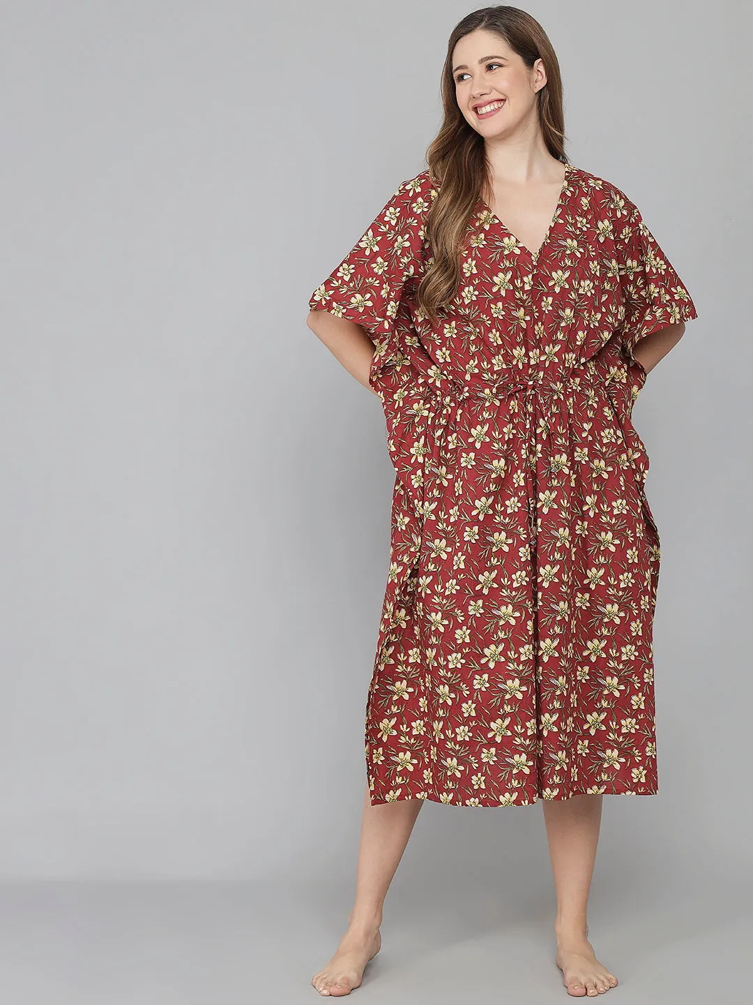 Red Floral Print Cotton Kaftan