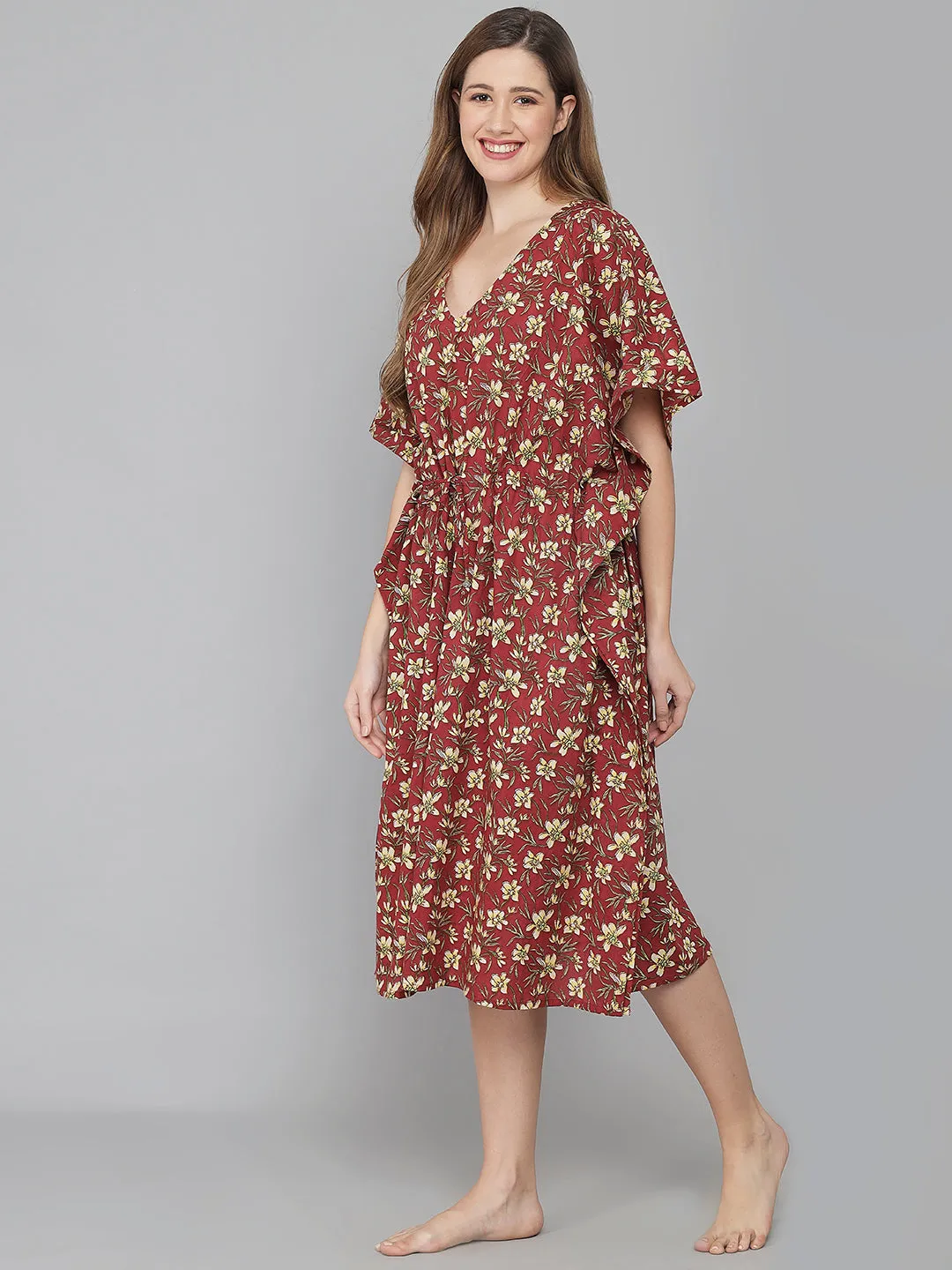 Red Floral Print Cotton Kaftan